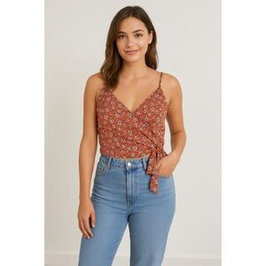 NWT Band Of Gypsies Womens Ditsy Floral Faux Wrap Red Blue Crop Top Size XS New